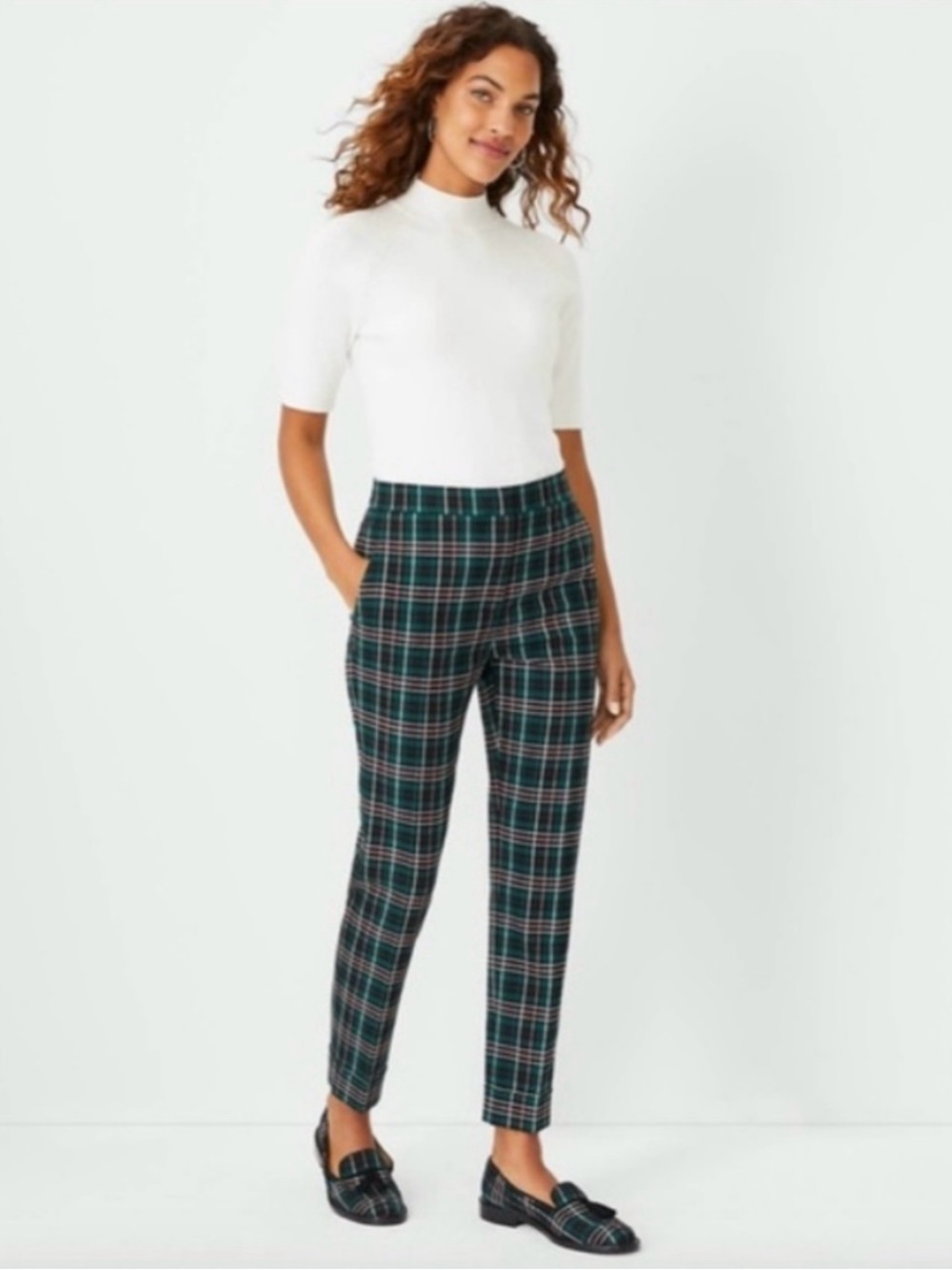 Ann Taylor The Ankle High Rise Green & Navy Plaid Tapered Pants